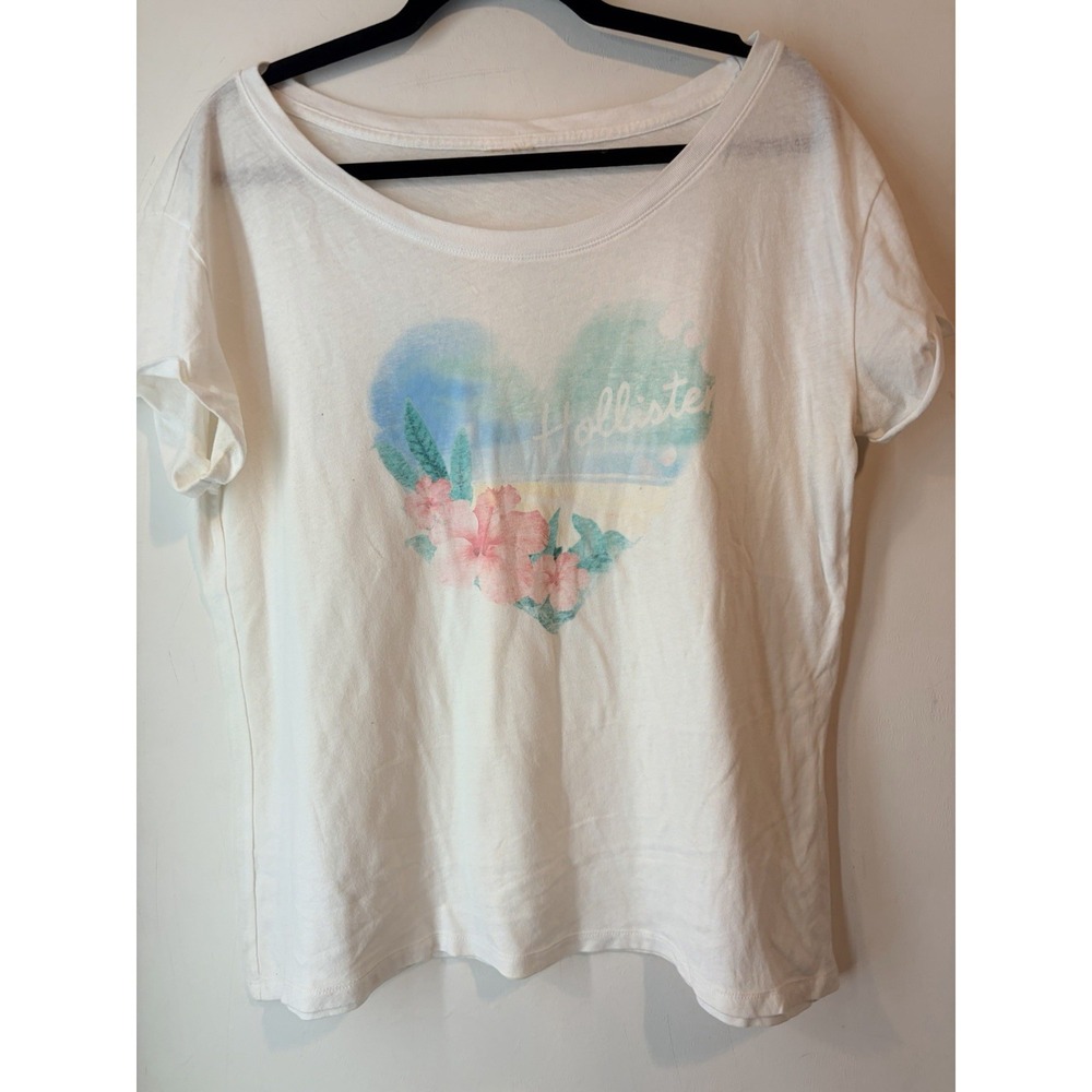 Hollister Hawaii Floral Graphic Tee Womens Large White Tropical Y2K